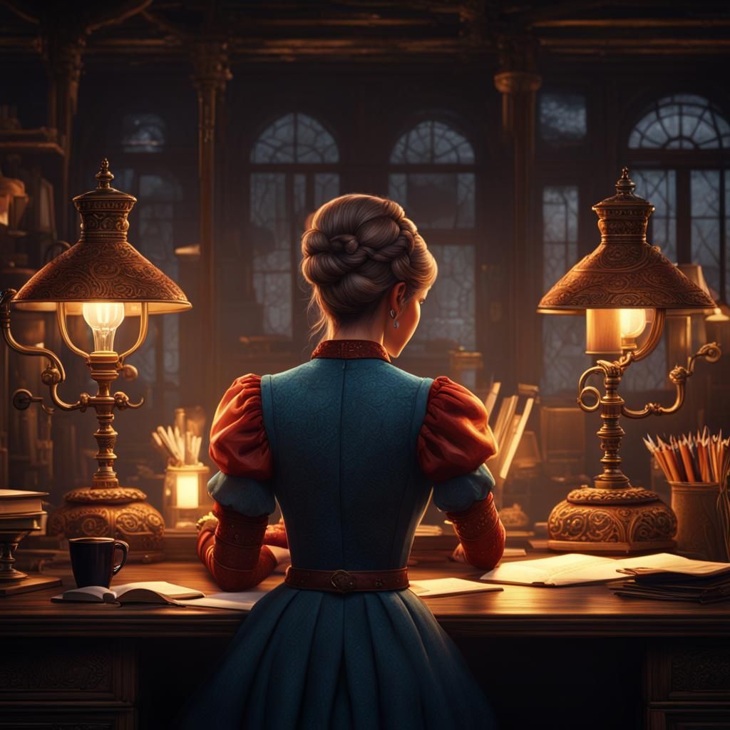 Woman Writing at Lamplit Desk: Detailed Matte Painting