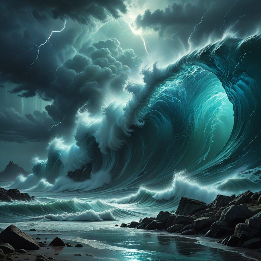 Ethereal Wave of Icy Water in a Surreal, Dreamlike Landscape