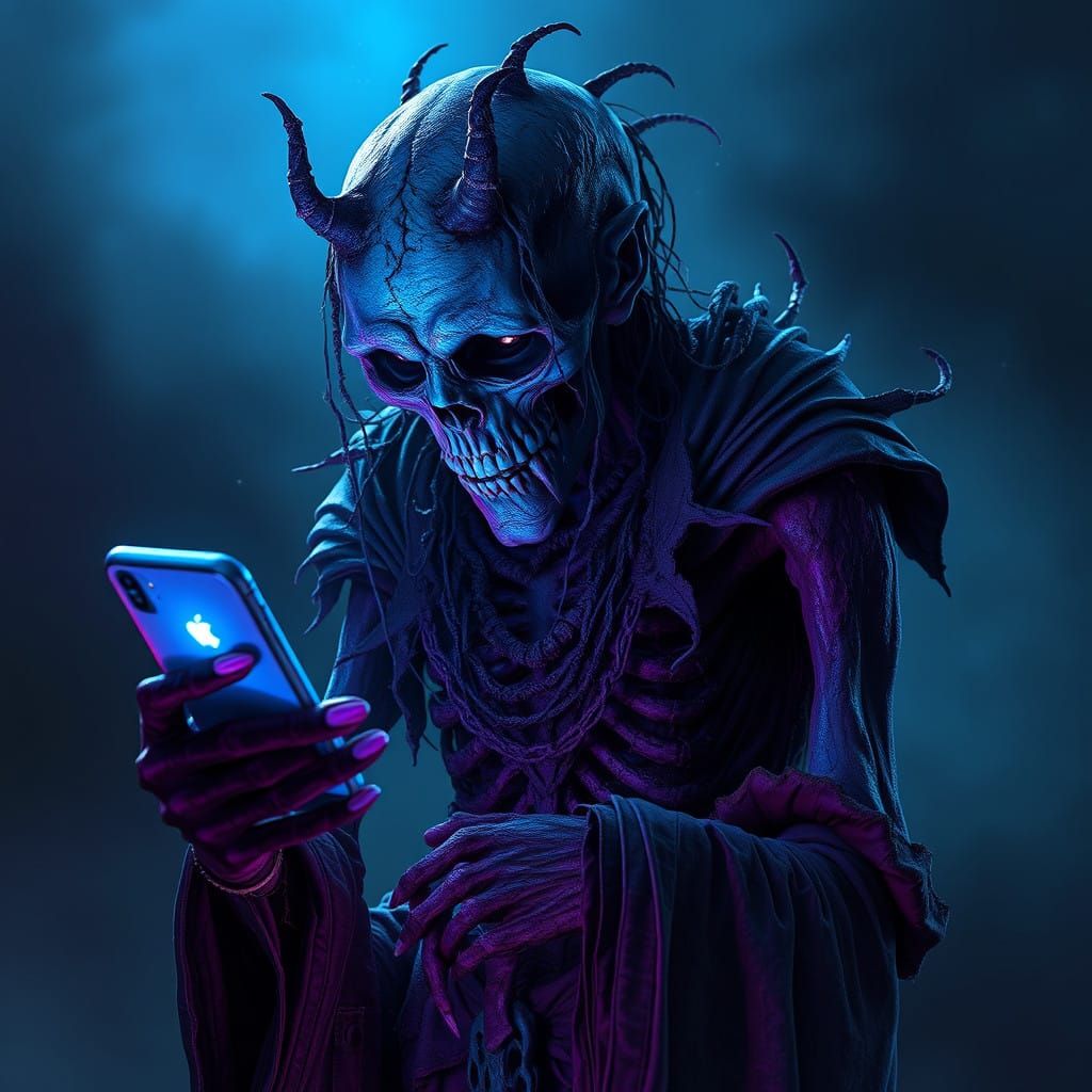 Undead Creature Mesmerized by iPhone 16 in Dark Fantasy Art