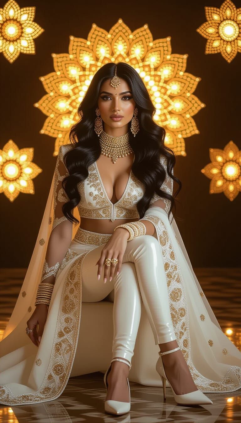 Stunning Woman in Indian Jewelry and Ivory Outfit
