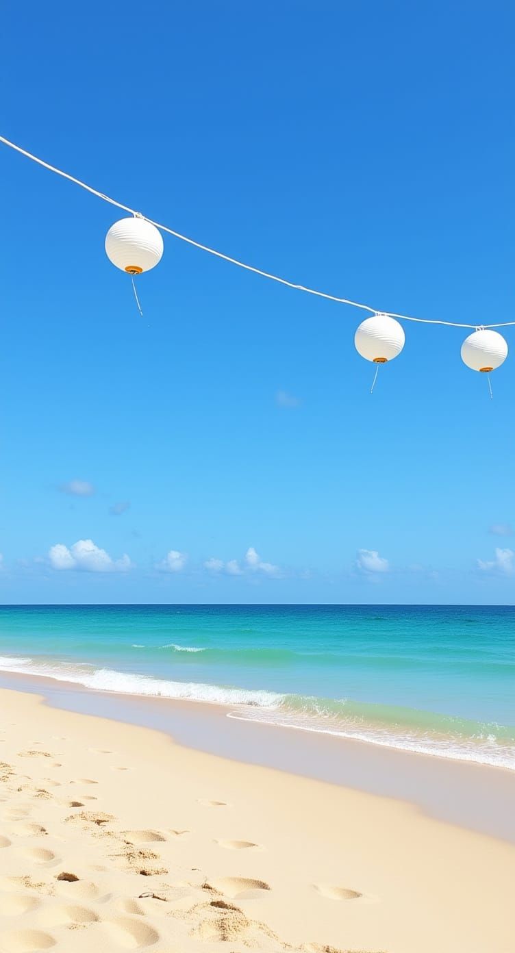 Floating Lanterns Grace a Serene Beach at Night
