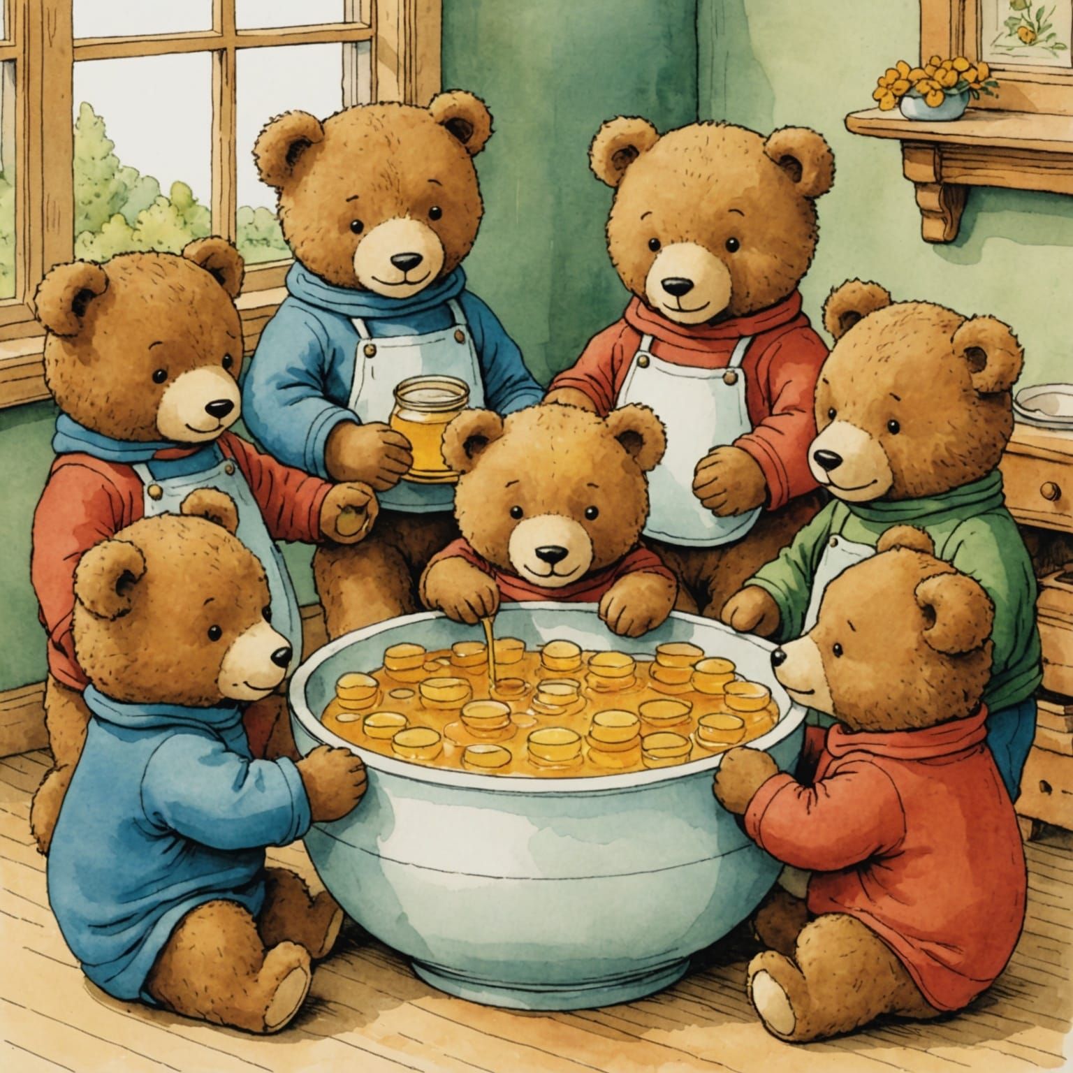 Teddy Bears Eating Honey, Illustrated Style