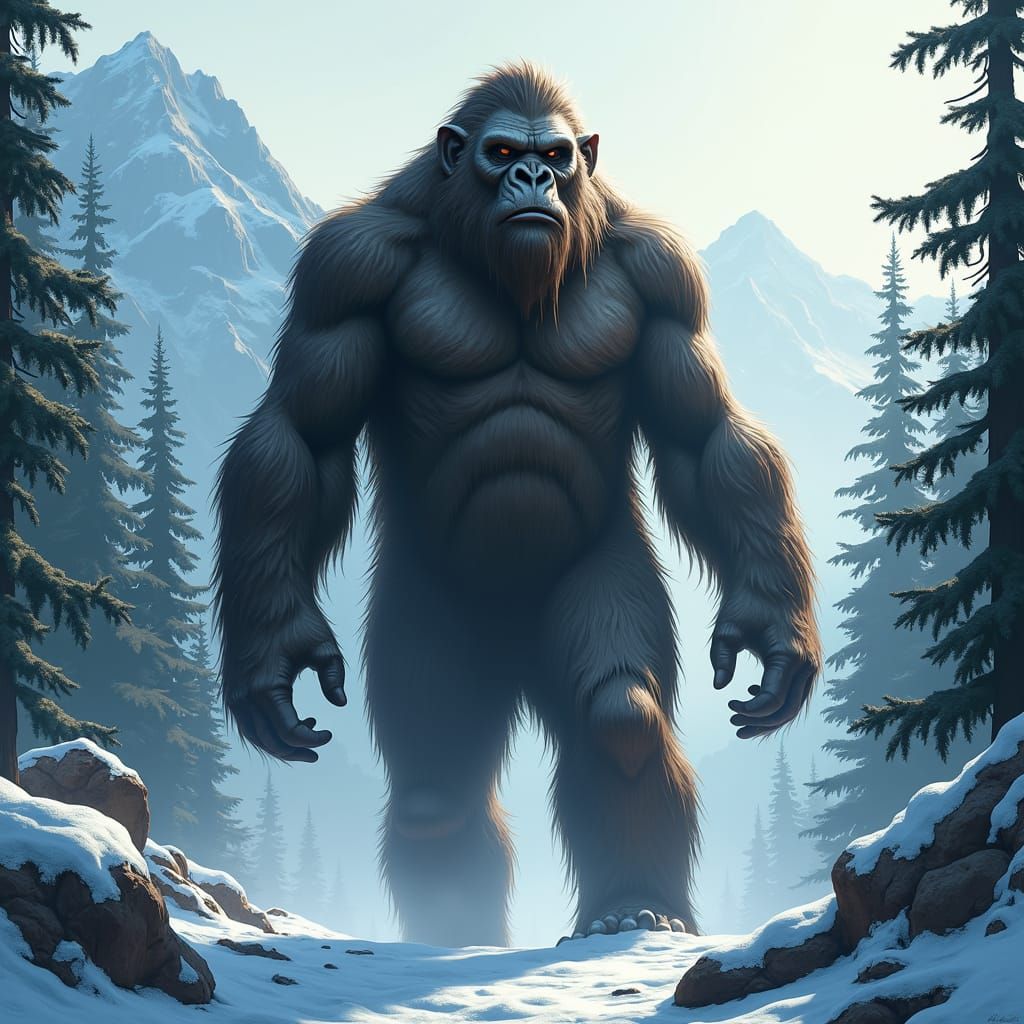 Bigfoot in Snowy Mountains: Hyperrealistic Concept Art