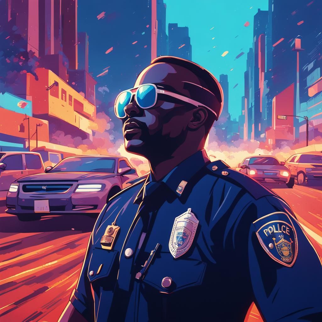 Police Officer in Cool, Epic Cityscape