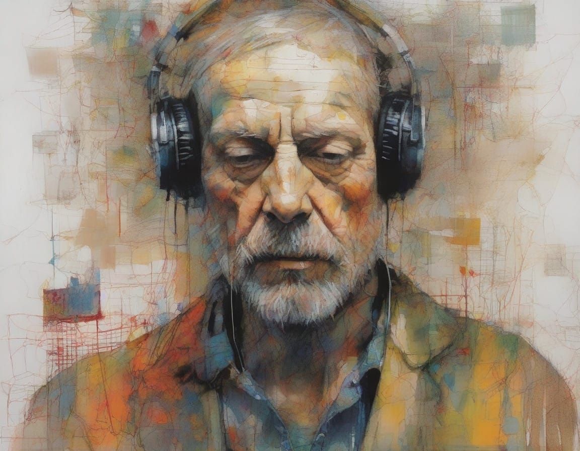 Intricate Street Musician in Harmonious Abstraction