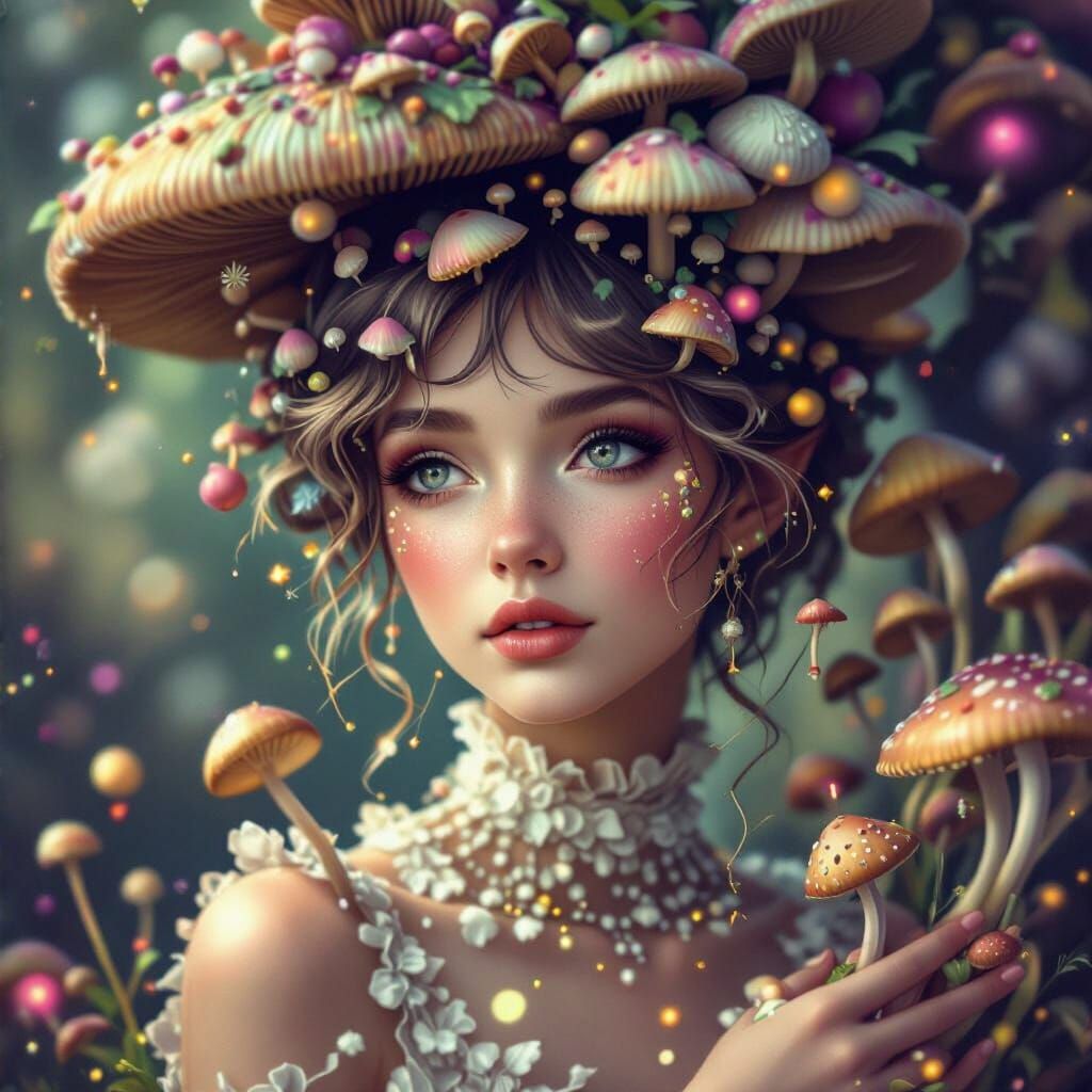 Enchanting Mushroom Fairy Portrait in Watercolour Style