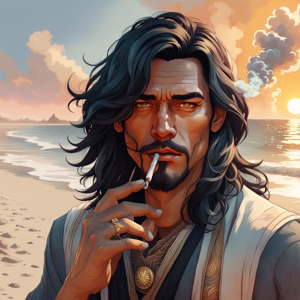Man Smoking at Sunset: Detailed Fantasy Portrait