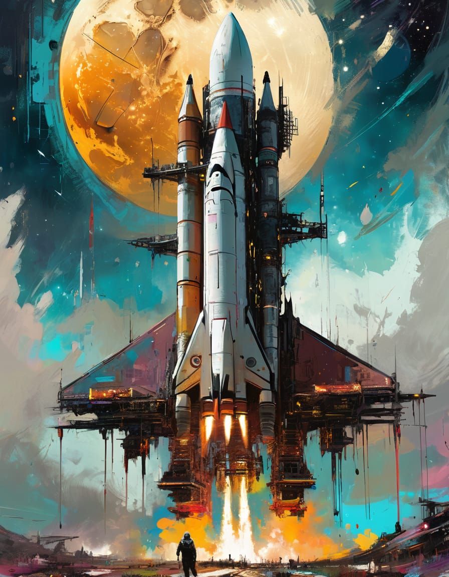 Futuristic Rocket Launch Under Luminous Moon