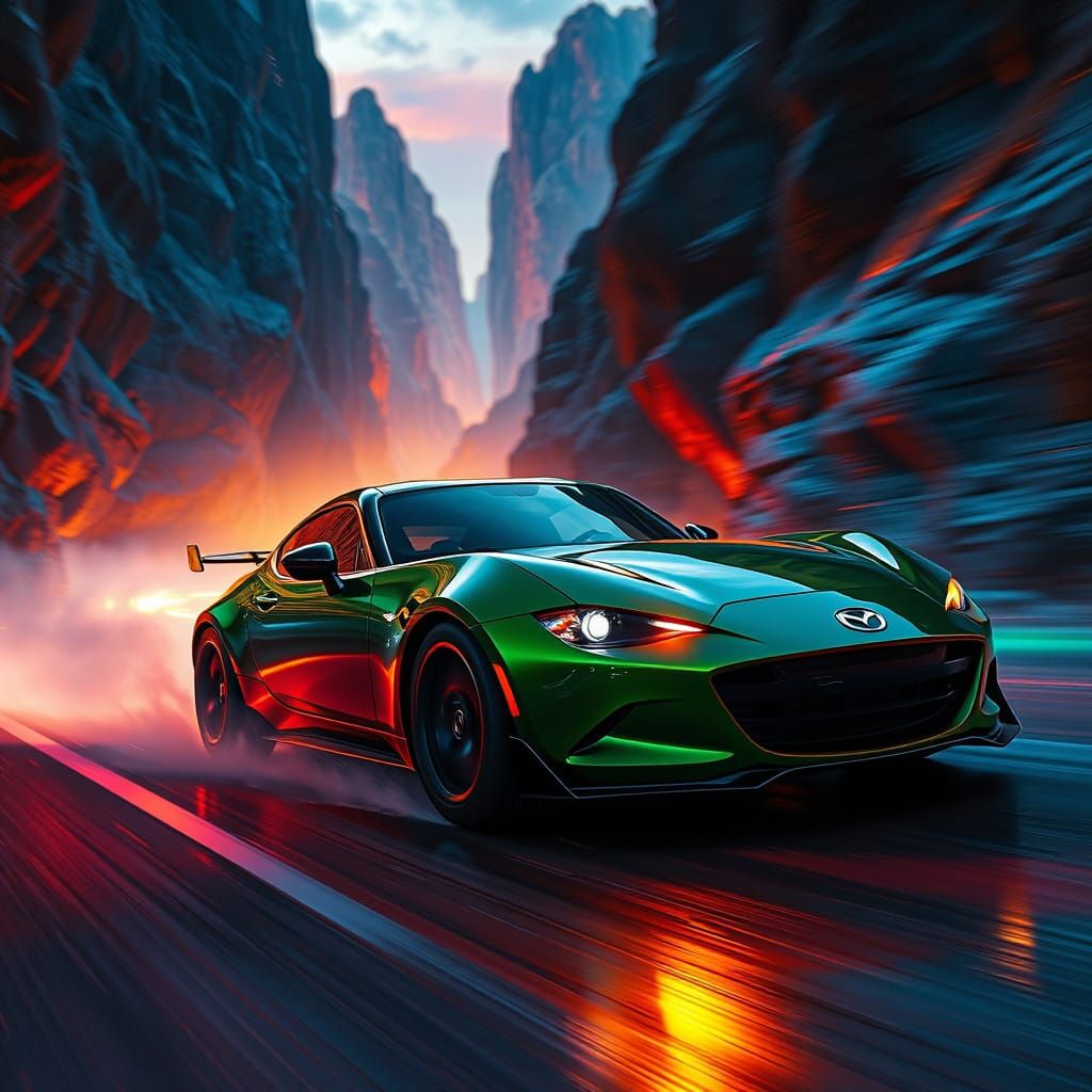 Majestic Green Mazda Speeds Through a Neon-Lit Canyon