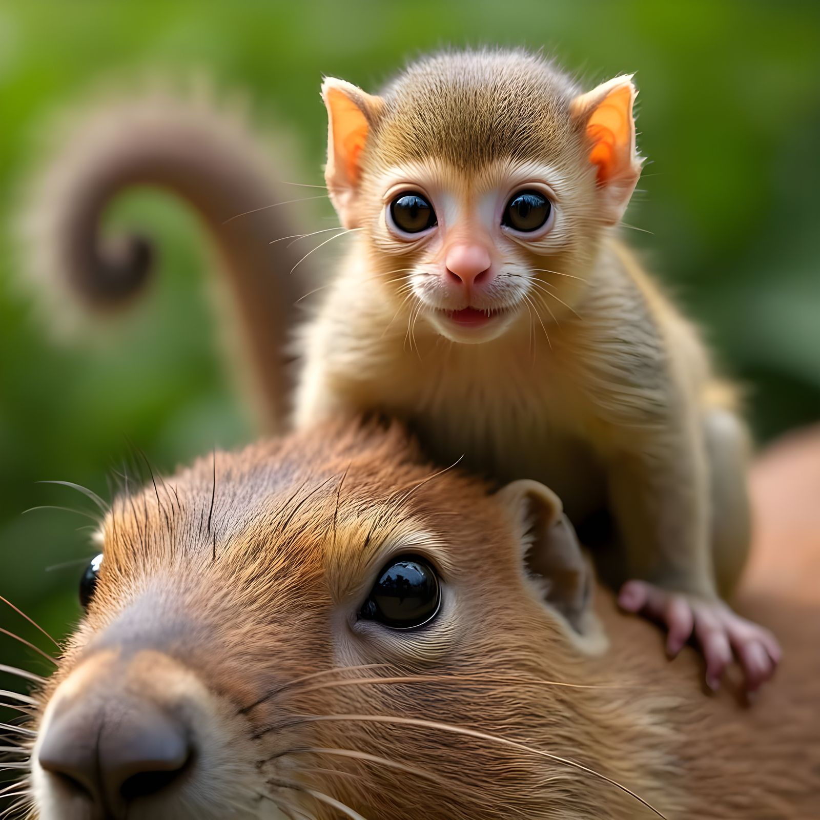 Capybara with Squirrel Monkey Friend in Lush Greenery