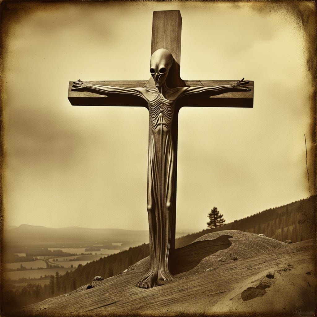 Crucified Alien in Hyperrealistic Silver Nitrate Photo