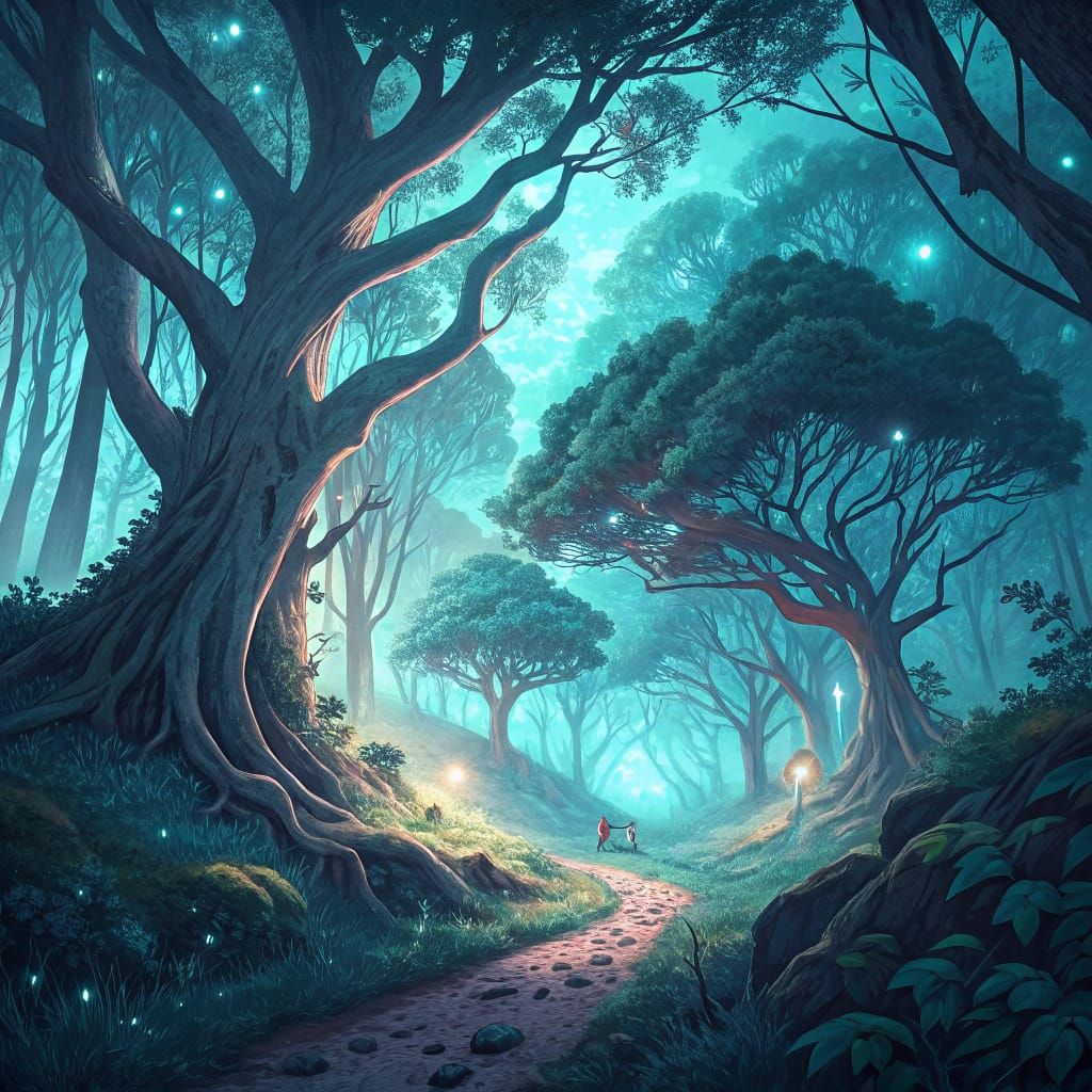 Enchanted Twilight Forest Illuminated by Bioluminescent Flor...