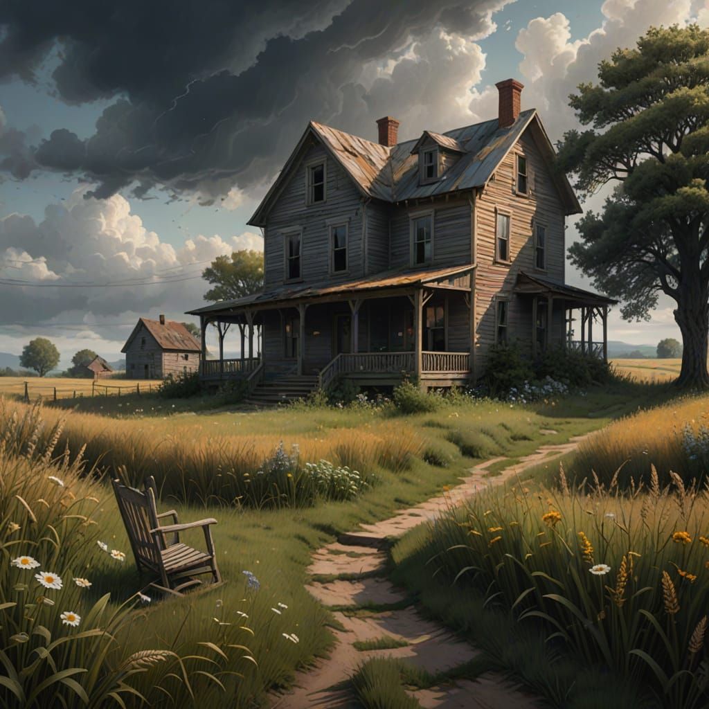 Abandoned Farmhouse on Wheat Hill with Wildflower Path