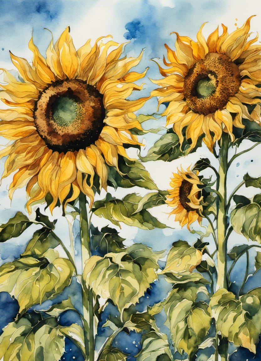 Watercolor Sunflowers Under a Blue Sky