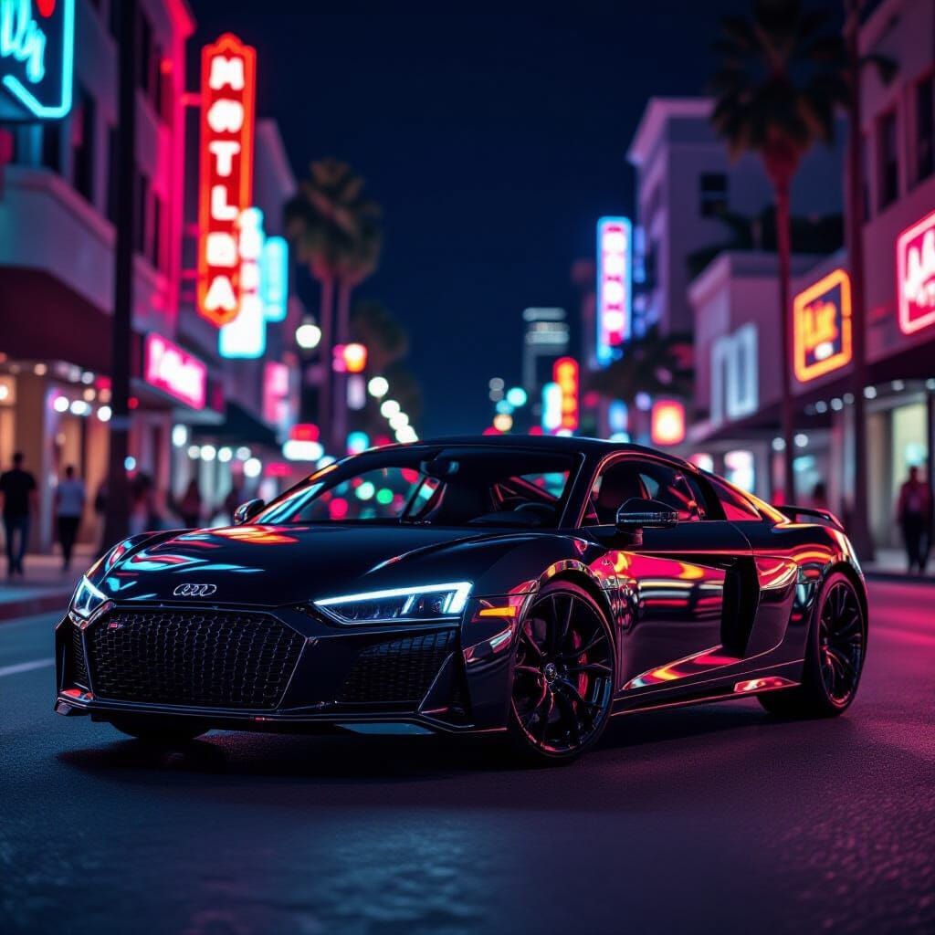 Sleek Black Audi R8 in Neon-Lit Hollywood at Night