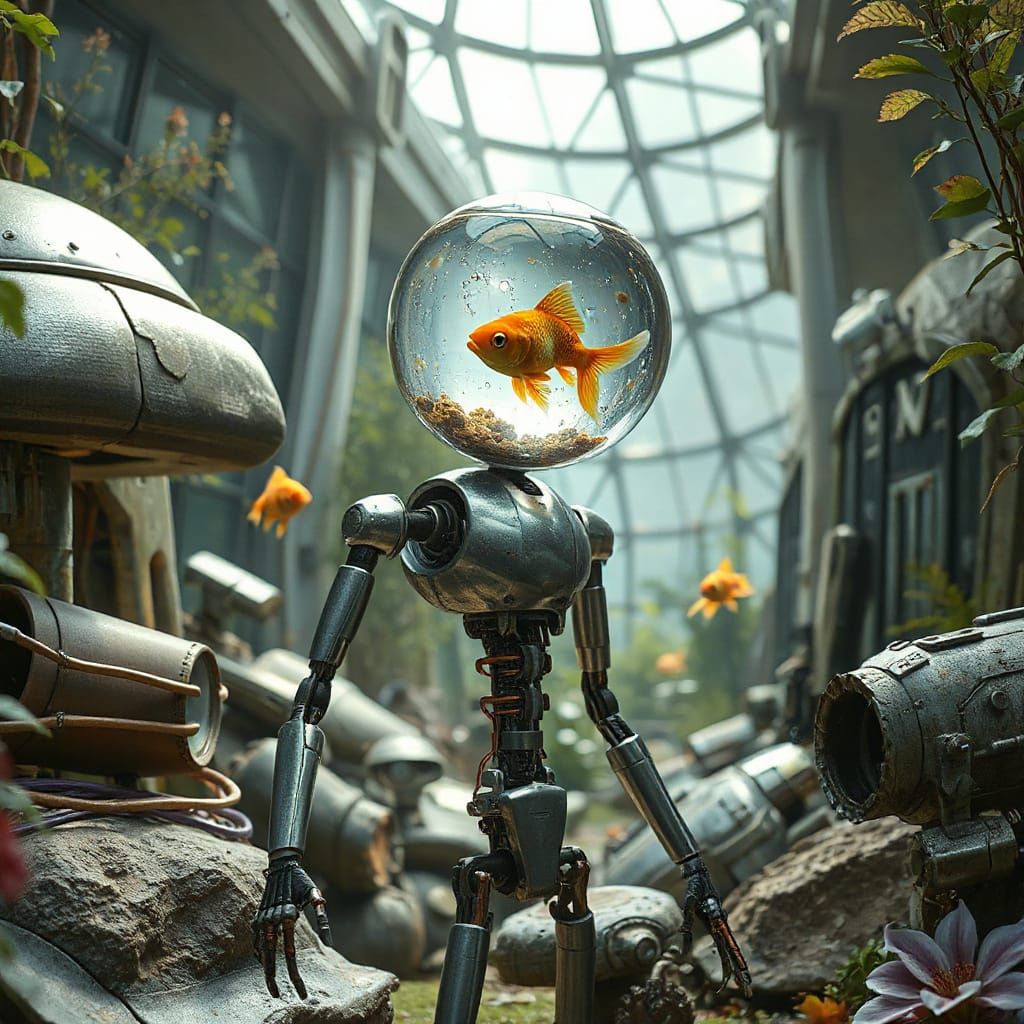 Futuristic Robot with Aquatic Glass Head in Ethereal Garden
