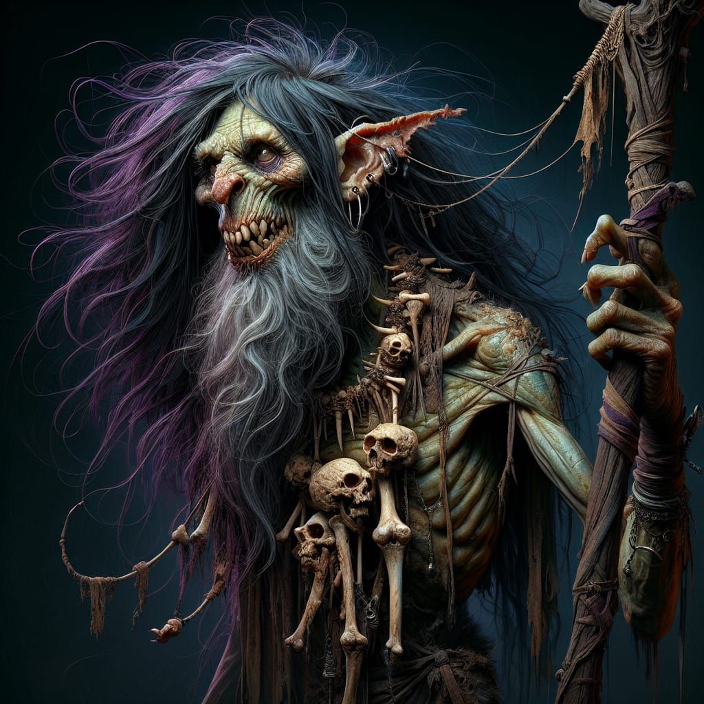 Fearsome Goblin Wielding Bone Staff in Dark Fantasy