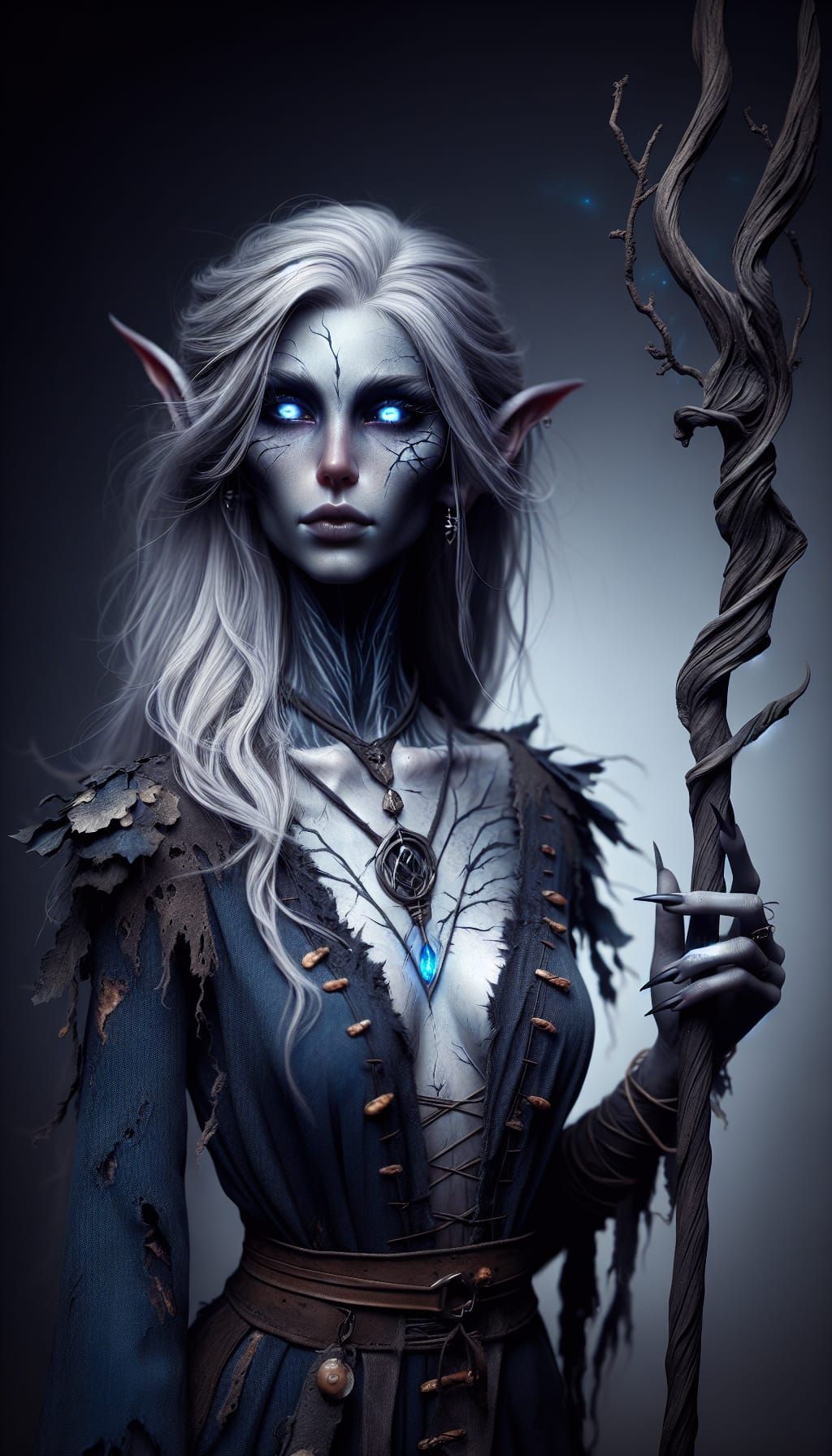 Image of a female elf,Thalindra Ethyrel, the Spiritweaver, has pale, ashen skin and long, silvery-white hair with faint ...