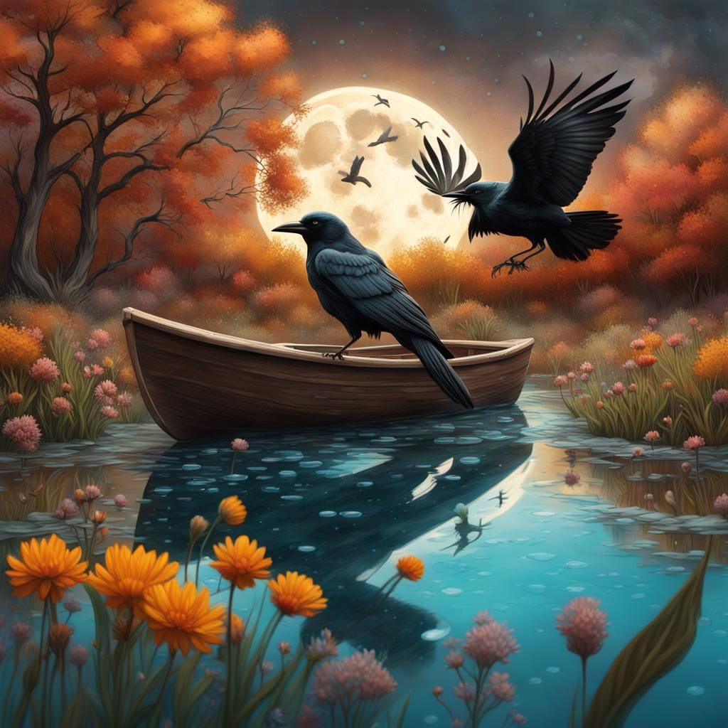 Turquoise Sugar Skull with Crow and Autumn Wildflowers