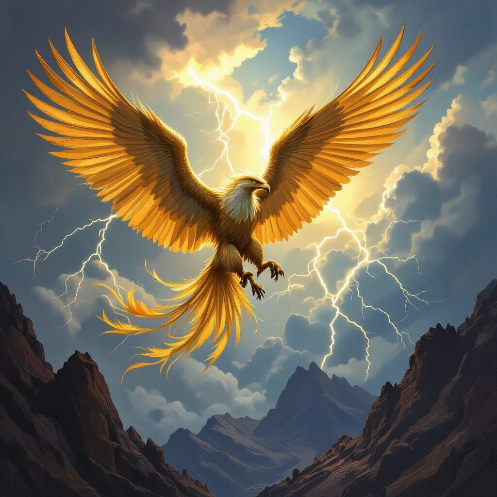 Majestic Griffin Soars in Stormy Sky with Vivid Colors