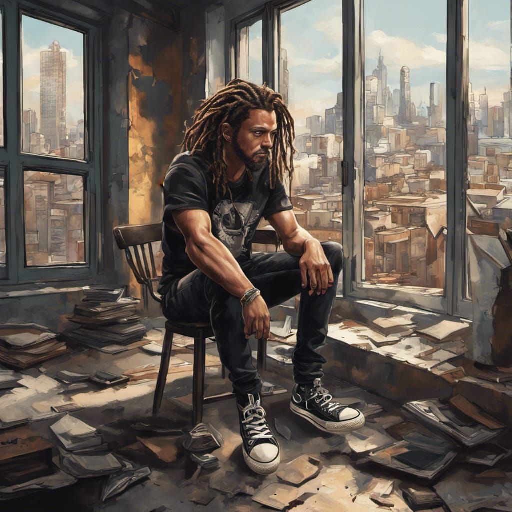 Hyperrealistic Man with Dreadlocks in Cramped Room