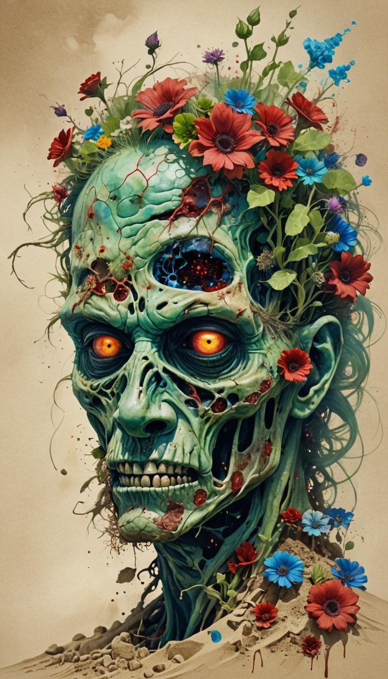 Zombie Sand Elemental with Flowers and Fractal Fire
