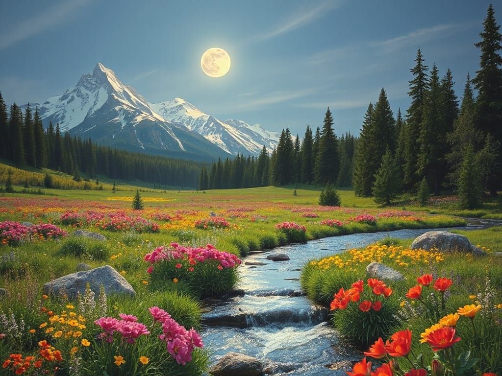 A creek flowing through a meadow of wildflowers to the snow capped mountains surrounded by bellowing forests, blue grey ...