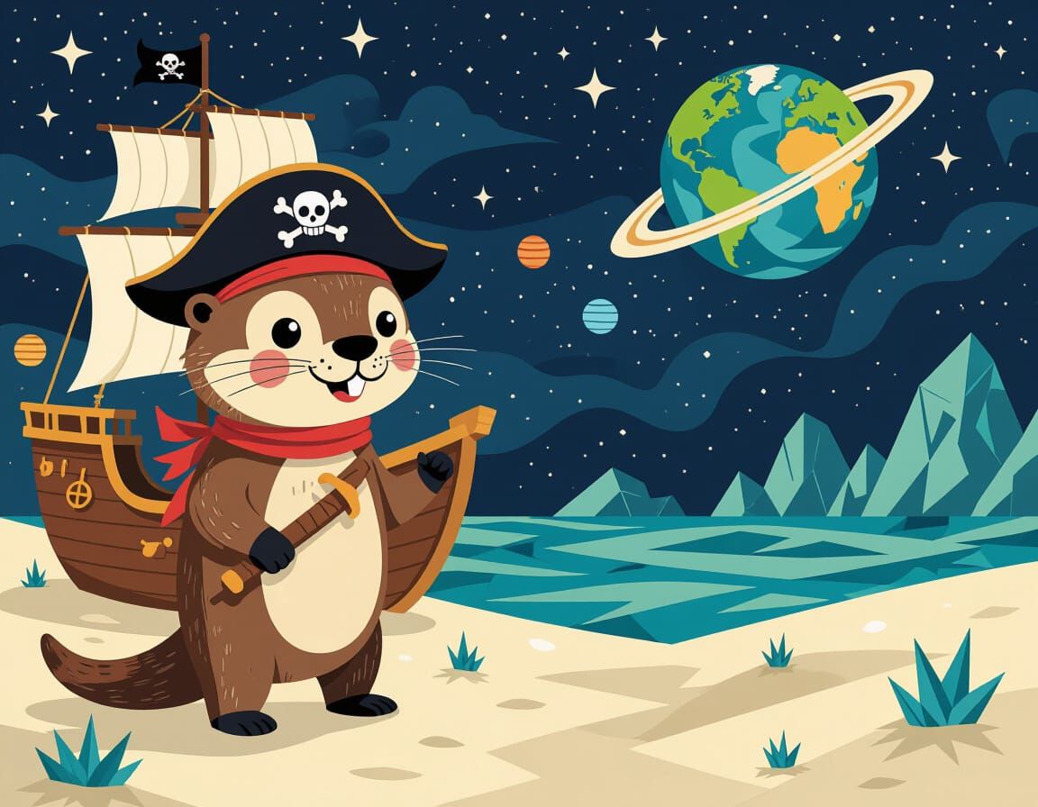 Happy Otter Pirate in Surreal Papercraft Sci-Fi Scene