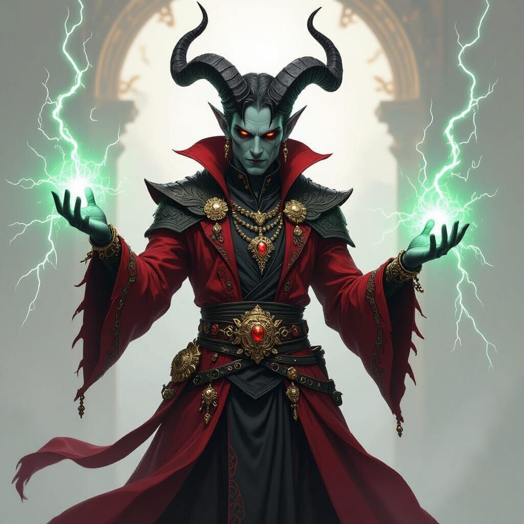Tiefling Warlock Casting Green Lightning in Dark Fantasy Sty...