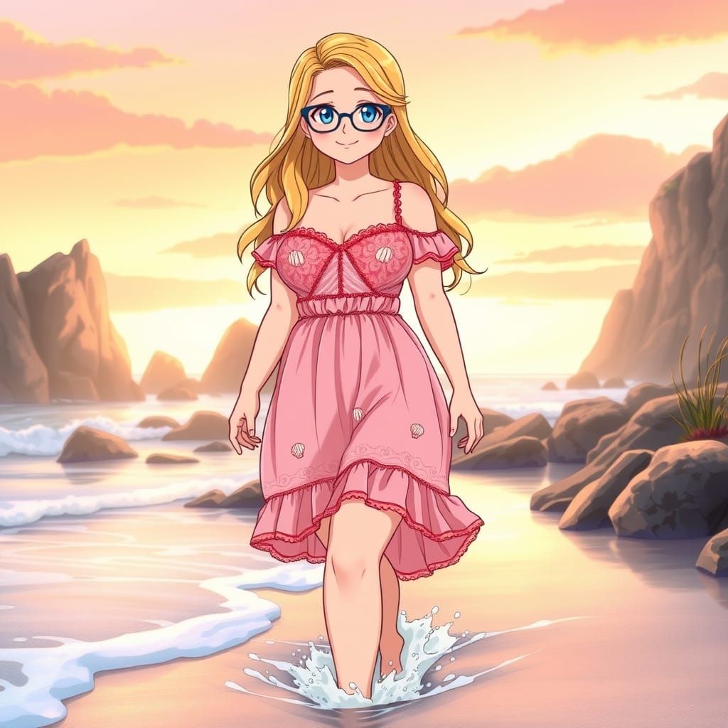 Gentle Beach Sunset in Anime Style