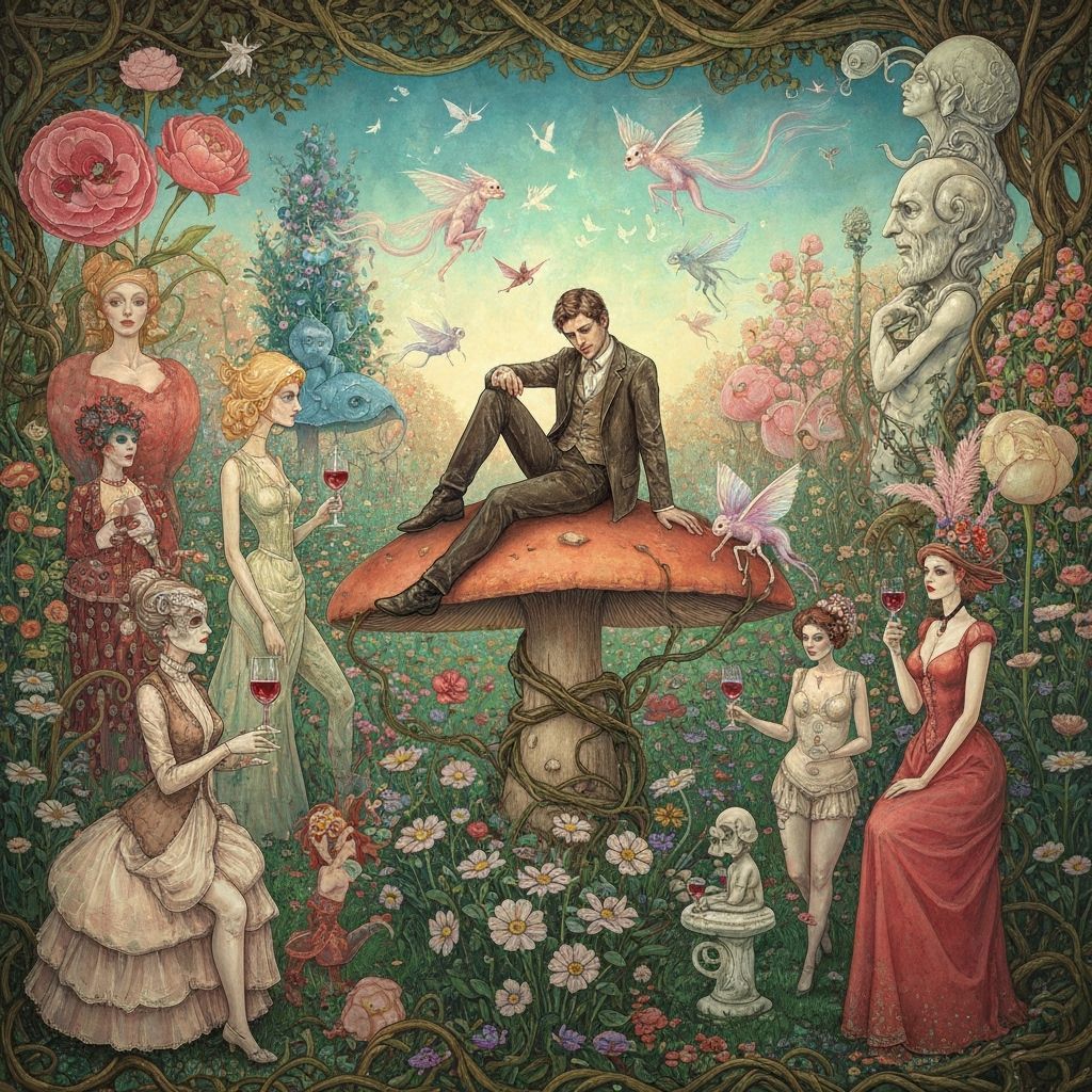 Surreal Garden Party with Weathered Prince, Klimt Style