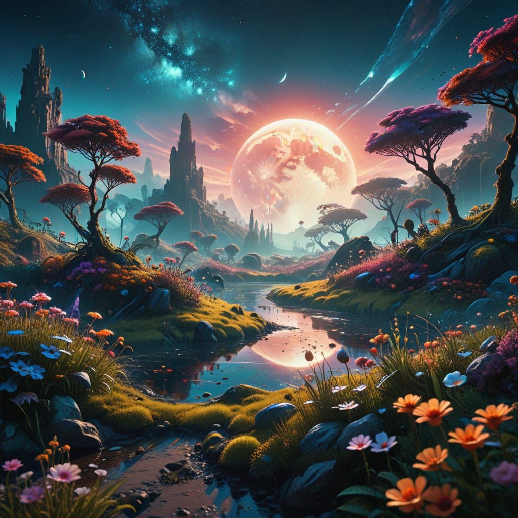 Surreal Galaxy Garden Under a Glowing Moon
