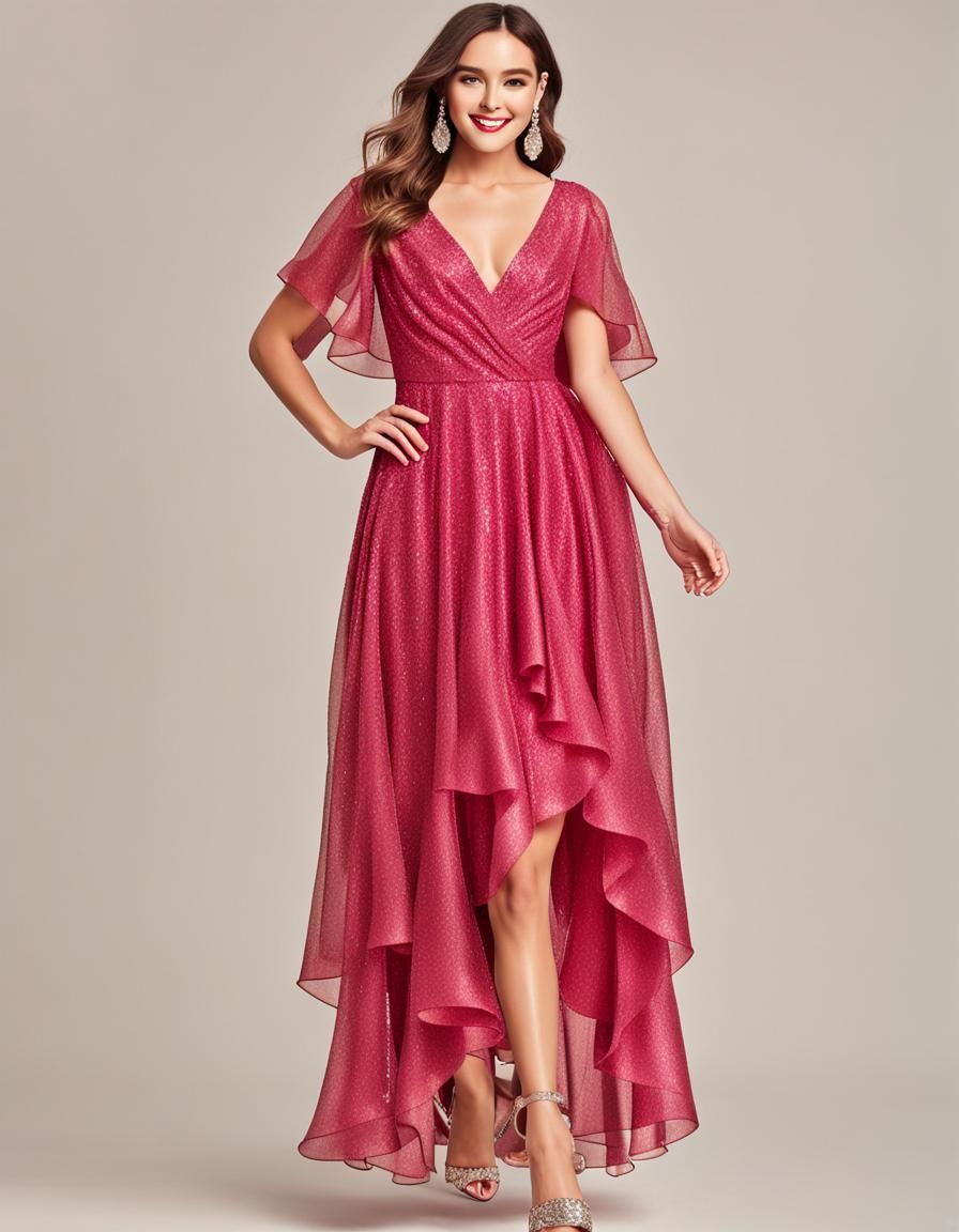 Glittering High-Low Evening Dress with Ruffles
