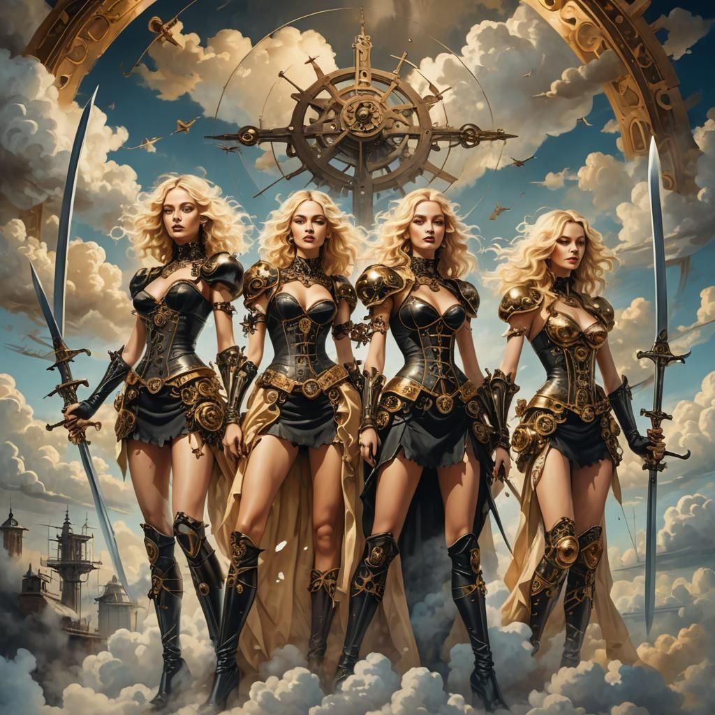 Surreal Goddesses with Swords in Dreamy Landscape