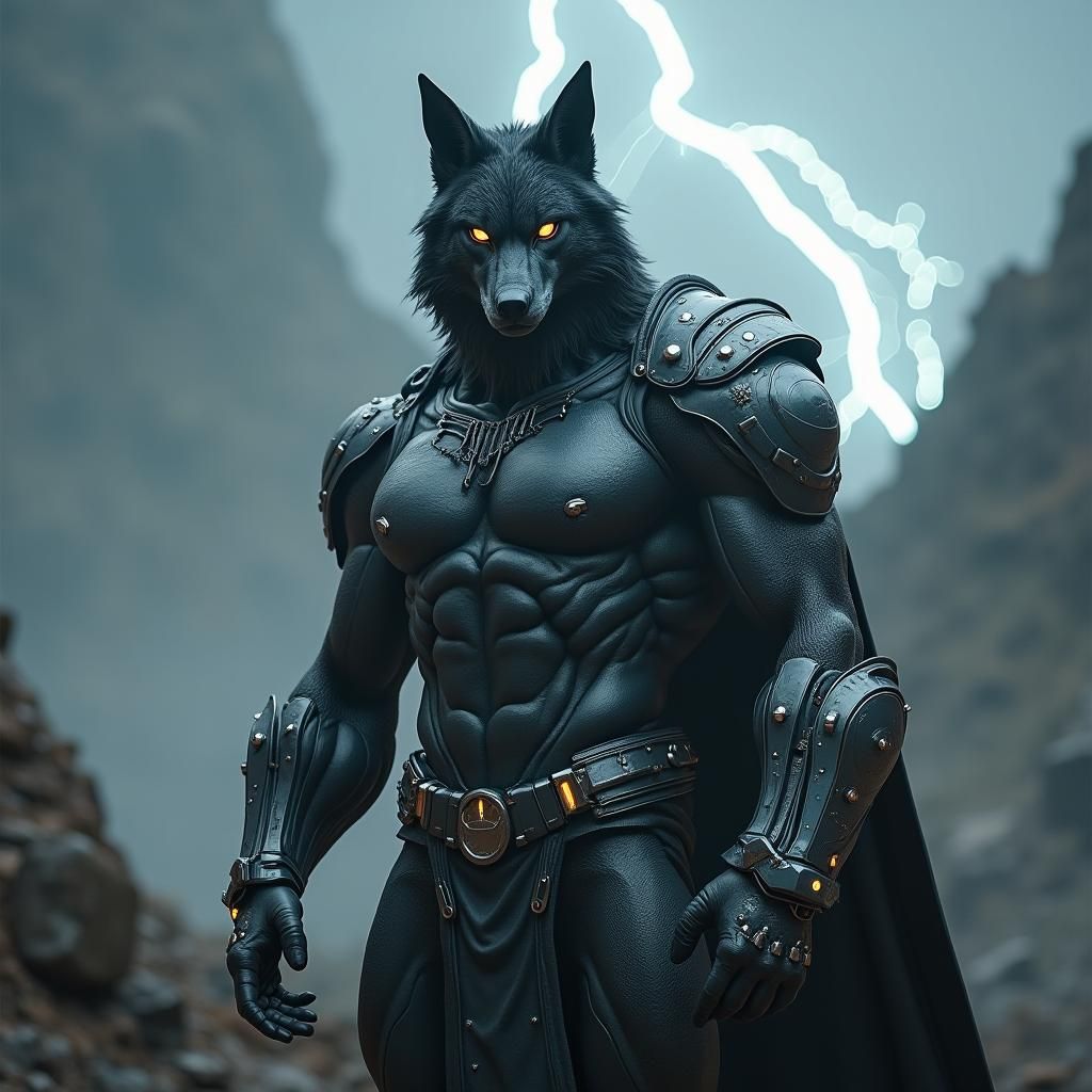 Armored Wolf Humanoid in Sci-Fi Landscape