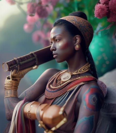 Tattooed Woman with Rifle: Photorealistic Digital Art