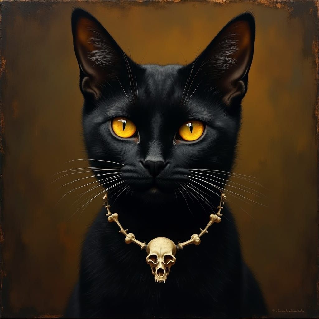Ethereal Black Cat with Skull Collar in Mysterious Oil Paint...