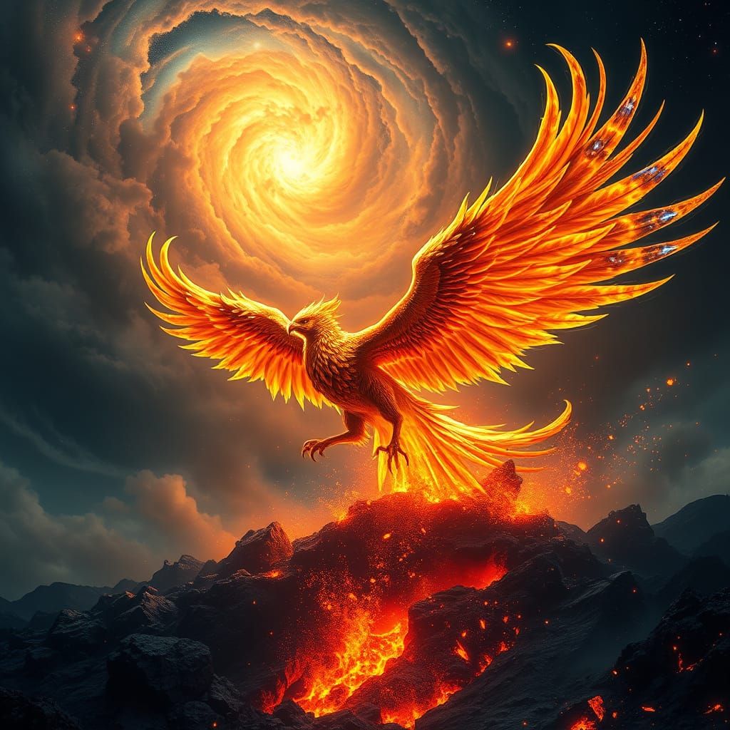 Majestic Phoenix Rises from Volcanic Caldera in Cosmic Sky