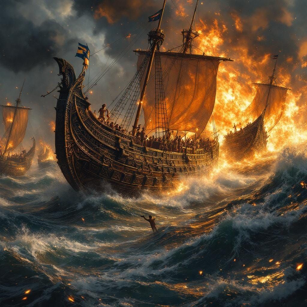 Epic Greek Naval Battle in Oil Painting Style