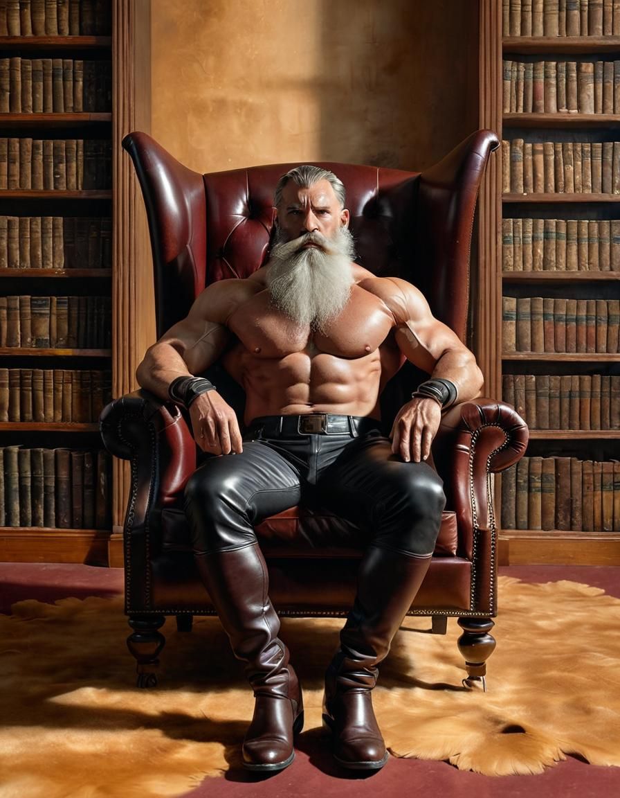 Bodybuilder with White Beard in Leather Armchair