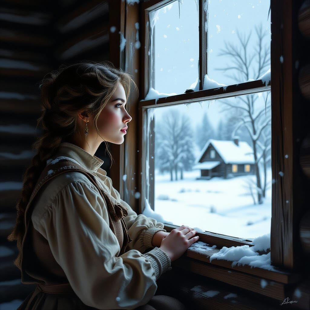 Woman Longs for Spring from Log Cabin