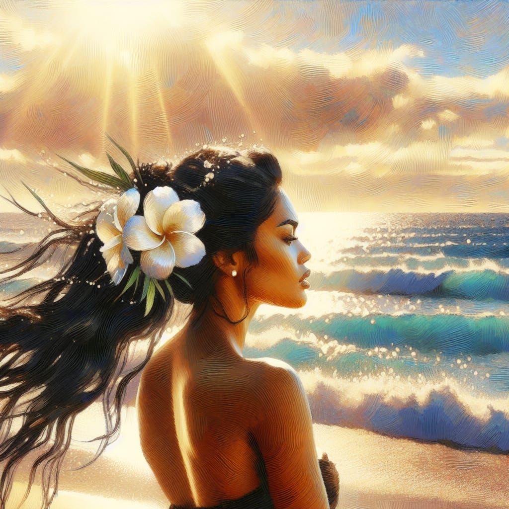 Romantic Impressionistic Maori Woman by the Ocean