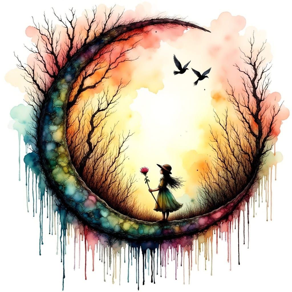 Whimsical Crescent Moon Art in Abstract Ink Design
