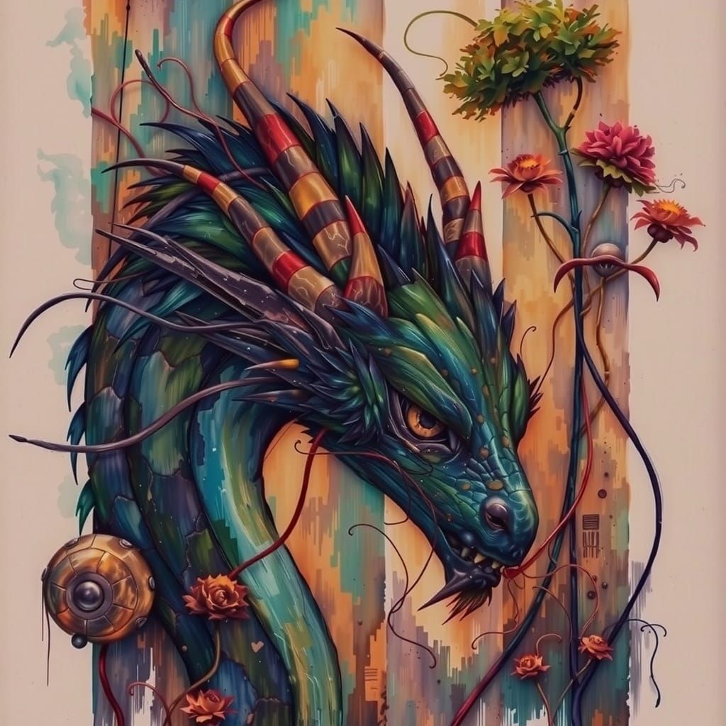 A majestic dragon, with scales shimmering in iridescent hues of imperial blue and crimson, its serpentine form undulatin...