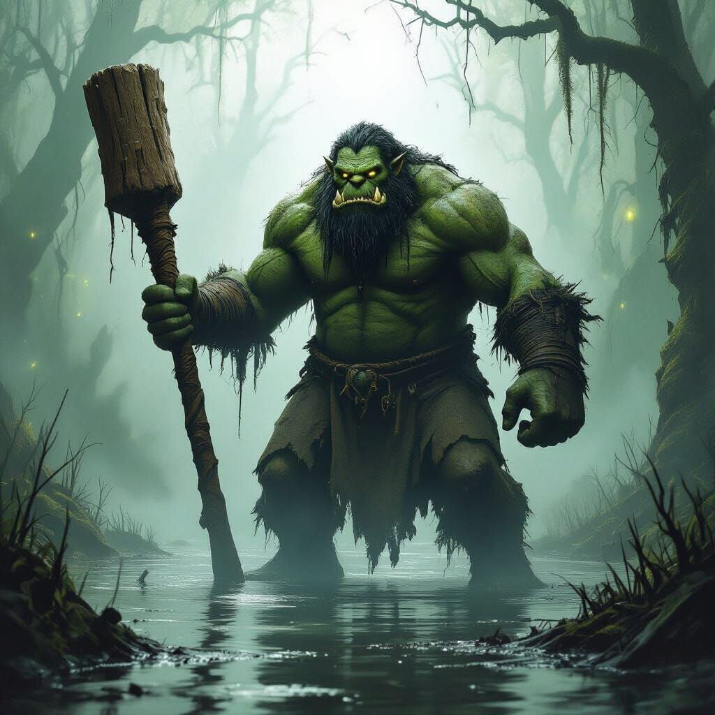 Colossal Ogre with Club in Swamp - Dark Fantasy Art