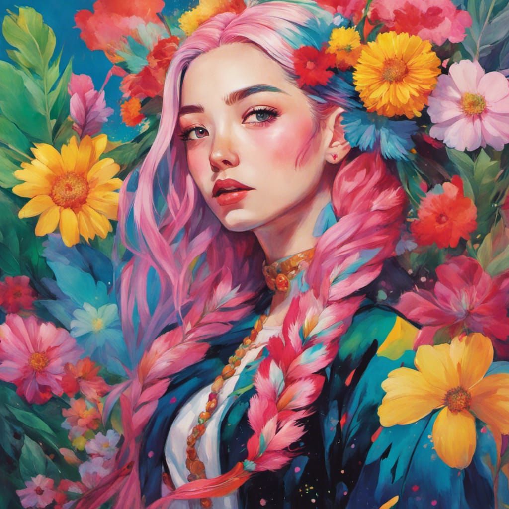 Princess with Rainbow Hair in Fantasy World