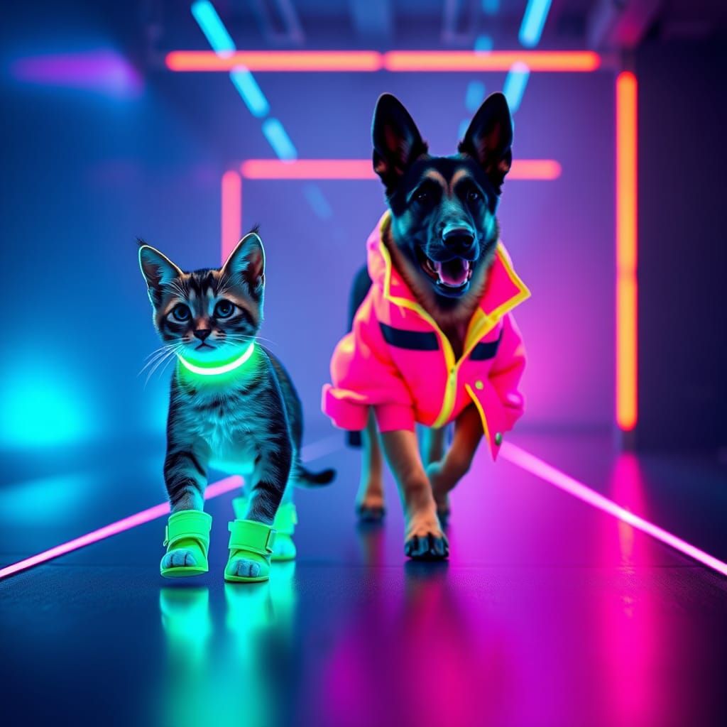 Kitten and German Shepherd Glow in Futuristic Fashion