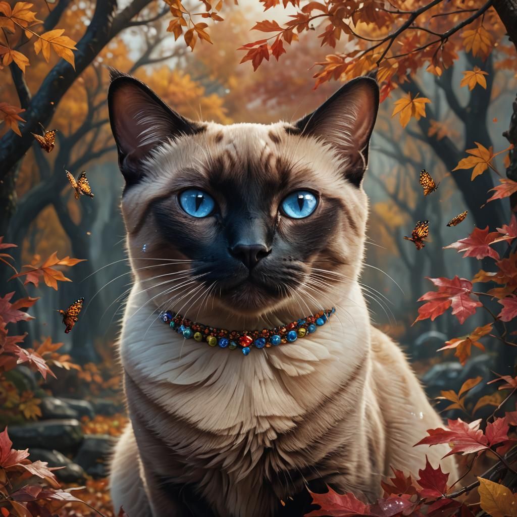 Jeweled Siamese Cat Portrait in Autumn