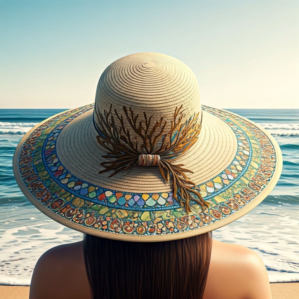 Elegant Woman Wears Sea Glass Sun Hat on Beach
