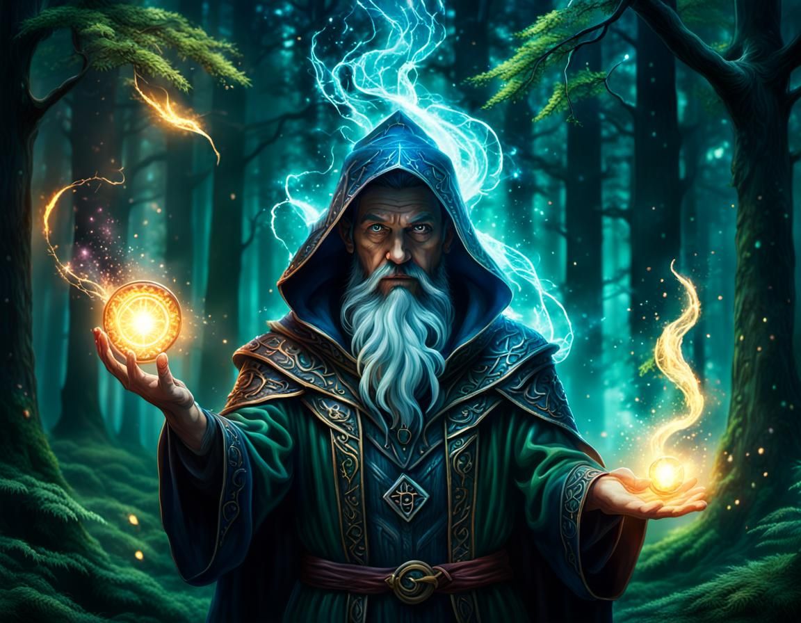 Mysterious Mage Casting Spell in Mystical Forest